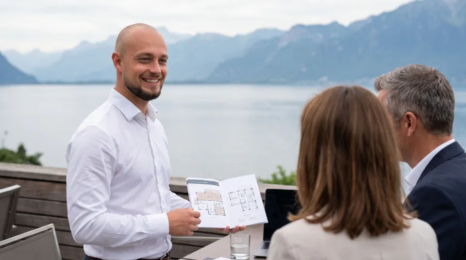 Agent immobilier présentant le plan d'une maison