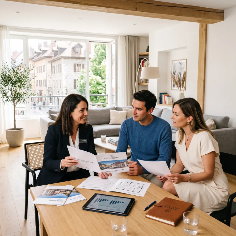 Conseiller immobilier présentant des plans à un couple