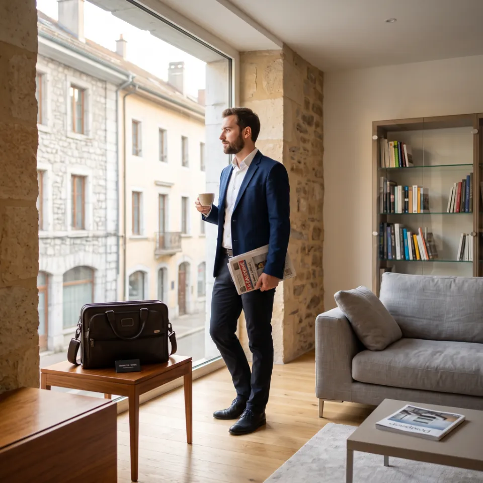 Homme d'affaires lisant le journal à la terrasse d'un café