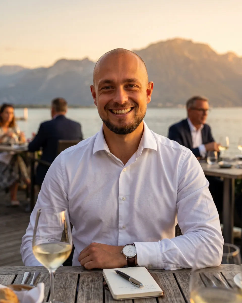 Homme d'affaires souriant en terrasse avec vue sur la montagne